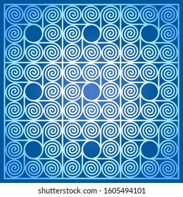 Blue colored background of nine square shaped tiles, made of arithmetic spirals around a circle. Pattern of Archimedean spirals of same intervals with a circle in the centre. Illustration. Vector.