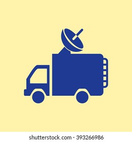 Blue Colored Broadcasting Motor Van Icon on Light Orange Background. Eps-10.
