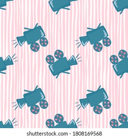 Blue colored camera shapes seamless pattern. Cinema simple elements on pink and white stripped background. Decorative backdrop for wallpaper, textile, wrapping paper, fabric print. Vector illustration