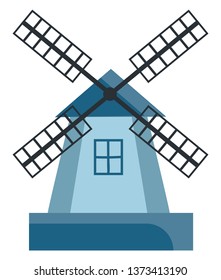 Blue colored cartoon windmill with black-colored vanes or blades and the tower with windows vector color drawing or illustration 