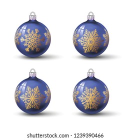 Blue colored christmas balls with different snowflake ornament on it. Set of isolated realistic glass balls. Vector illustration for your design.