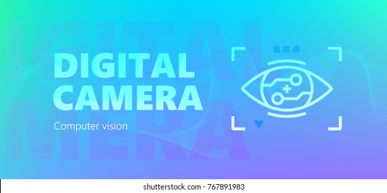 Blue colored  computer vision vector banner with Digital camera words and robotic eye icon in outline style.