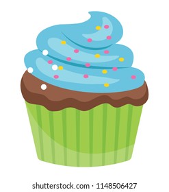 A blue colored cupcake with the sprinklings on it depicting blueberry cupcake 
