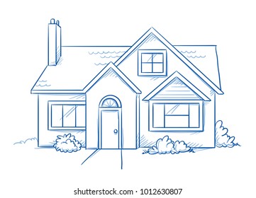 Blue colored detached, single family house with garden. Hand drawn line art cartoon vector illustration.