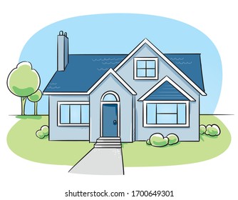 Blue colored detached, single family house with garden. Hand drawn cartoon sketch vector illustration, flat marker style coloring. 