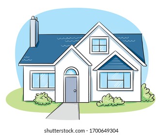 Blue colored detached, single family house with garden. Hand drawn cartoon sketch vector illustration, flat marker style coloring. 