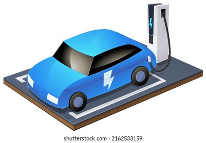 Blue colored electric car with a lightning bolt charging in a parking space with an electric battery charger (cut out)