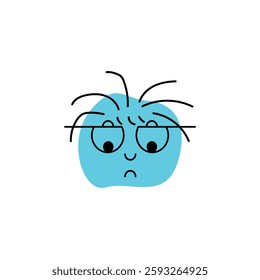 Blue colored face wearing glasses with gloomy expression, eyes looking down, hair sticking out messy, vector illustration.