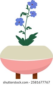 Blue colored flowers grow at home in a pot. Blossom plant, botanical flowerpot. Vector illustration