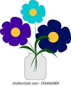 Blue colored flowers in vase, illustration, vector on white background.