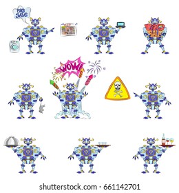 Blue colored funny robot advertiser