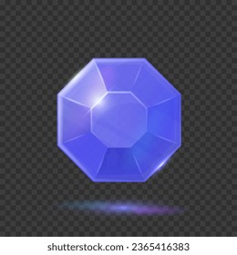 Blue colored gem isolated on checkerboard background. Vector jewel illustration