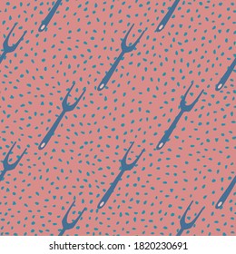 Blue colored grill forks seamless doodle pattern. Pink background with dots. Cooking tools bbq backdrop. Great for wallpaper, textile, wrapping paper, fabric print. Vector illustration.