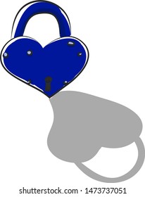 A blue colored heart lock with a shadow, vector, color drawing or illustration.
