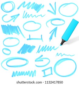 blue colored highlighter with different hand drawn markings