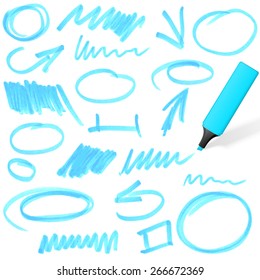 blue colored highlighter with different hand drawn markings