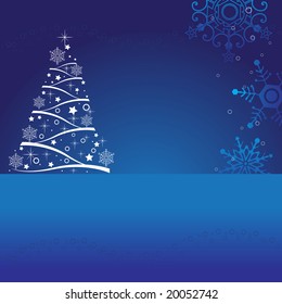 Blue colored illustration with abstract Christmas tree and snowflake shapes