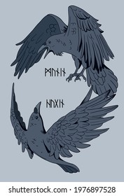 blue colored illustration with Odin's ravens