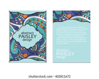 blue colored, indian paisley card, back and front pages, with beautiful ethnic doodle motif
