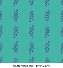 Blue colored leaves branches seamless doodle patern. Simple style artwork with blue background. Graphic design for wrapping paper and fabric textures. Vector Illustration.