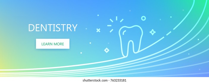 Blue colored medicine related vector banner with Dentistry word and tooth icon in outline style.