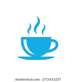 Blue colored, minimalist, simple styled vector icon of a steaming cup of coffee on transparent background for food and beverage related design.