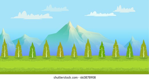 Blue colored natural background with mountains and clouds on foreground and green road with spruces on foreground. Vector.