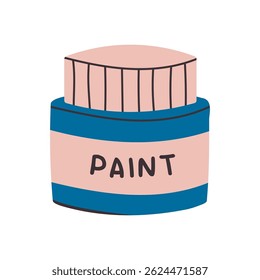Blue colored paint can. Jar of gouache. Flat vector illustration isolated on white background. Hand drawn style.