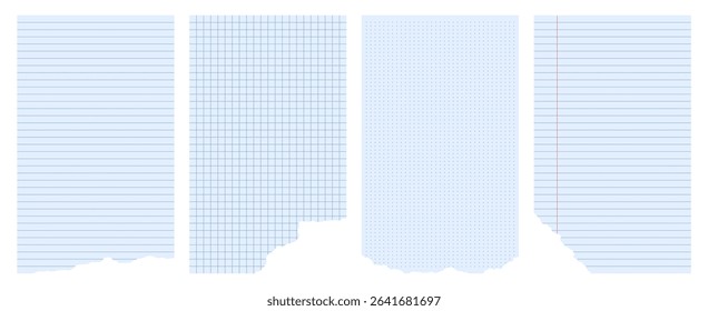 Blue colored paper templates with torn edges. Lined, grid, dot blank pages with rough edges collection. 