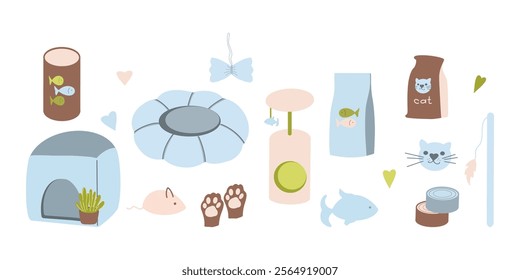Blue colored pet accessories, food, toys and beddings clipart, pet set, paws