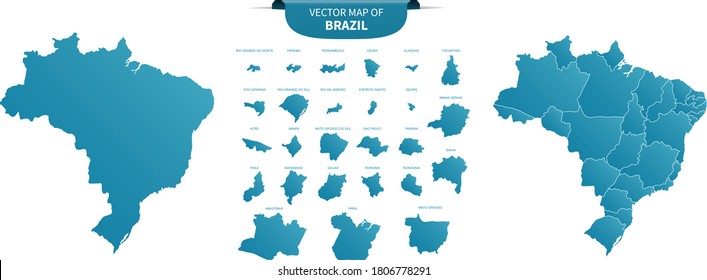 blue colored political maps of Brazil isolated on white background	
