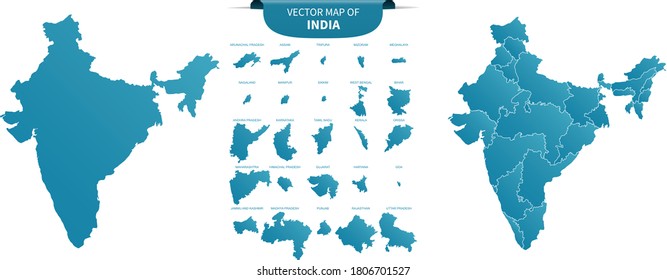 Blue Colored Political Maps India Isolated Stock Vector (Royalty Free