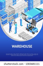Blue colored poster for promotion of warehouse service showing modern storage with workers