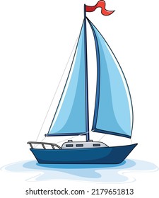 Blue Colored Sailboat with red flag on top of the boat cartoon vector illustration