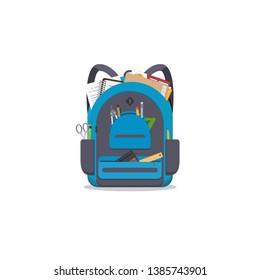 Blue colored school backpack with school accessoires. Backpack with pockets and zipper. Education and study back to school back pack. Pens and pencils, books and copybooks. Schoolbag or knapsack.
