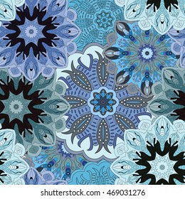 Blue colored seamless pattern with eastern floral ornament. Floral oriental design in aztec, turkish, pakistan, indian, chinese, japanese style. Wrapping paper or front-side, vector art.