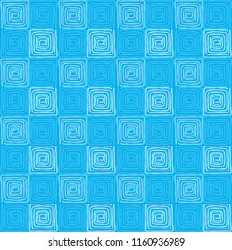 Blue colored seamless square spiral pattern. Loose, irregular and hand drawn spirals. Tile and template for a motif or to create an ornament. Isolated illustration on blue background. Vector.