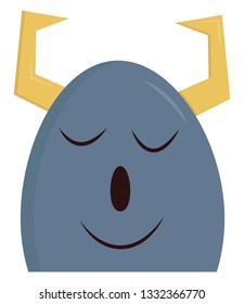A blue colored sleeping happy monster with two yellow horns, cartoon, vector, color drawing or illustration.