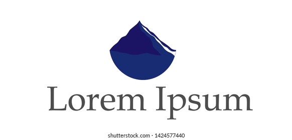 blue colored snowy mountain logo with sunrise effect.
