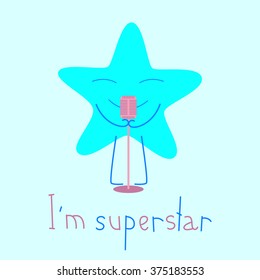 Blue Colored Star With Closed Eyes And Smile With Retro Microphone And Lettering I'm Superstar Isolated On Light Blue Background. Musical Logo Template, Design Element