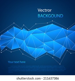 Blue colored triangles with connective dots on angles, vector abstract background for your modern and future design.