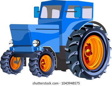 Blue colored vector cartoon tractor, isolated on white vector