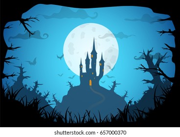 Blue Colored Vector Halloween Background with castle on hill with strange forest at night