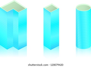 Blue colored vector skyscraper icons with reflection on white