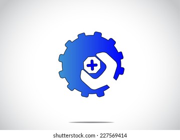 blue colorful cog wheel gear with screw nut or bolt & spanner. Bright white background with a blue icon manufacturing technology service symbol icon illustration concept art
