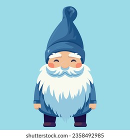 Blue Colorful Happy little Garden Gnome old Man with Big Beard on Turquoise Background. Cartoon Vector Illustration