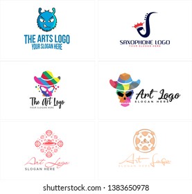 Blue colorful line art head skull hat and doll icon saxophone logo design suitable for entertainment arts design company business