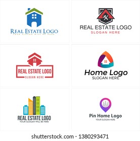 Blue colorful line art vector logo design home and building combined pin suitable for real estate mortgage business investment building