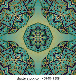 Blue colorful ornament of mandala on a light blue background. Template for oriental carpets, shawls, textiles, fabric, wallpaper, wrapping paper.