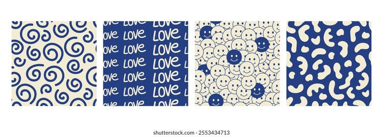 Blue colorful seamless pattern collection. Creative abstract style art background. Trendy texture design with basic shapes. Simple wallpaper print set